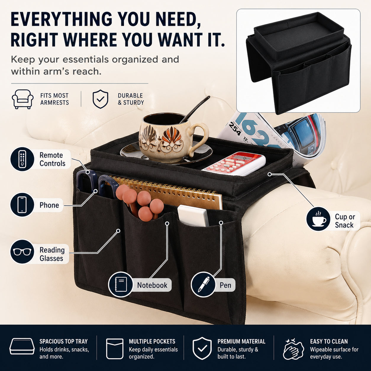 ARMCHAIR Remote Control Holder Sofa Arm Rest Organizer Caddy Table