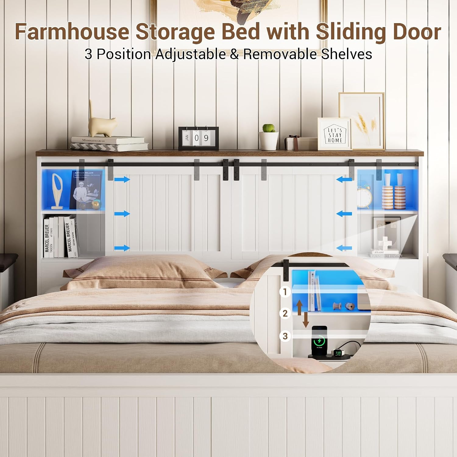 Farmhouse Bed Frame Full Size with LED Lights and Charging Station, Wooden Platform Full Bed with Storage Bookcase Headboard, Full Bed Frame with Sliding Barn Door, No Box Spring Needed
