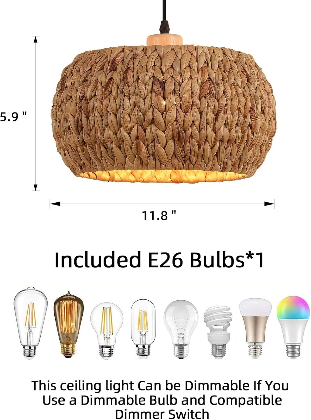Bohemian Flush Mount Rattan Pendant Light - 10.6 round Handwoven Jute & Wood Ceiling Fixture, Single E26 Bulb Compatible for Bedroom/Kitchen/Farmhouse, Flush Mount Ceiling Ligh