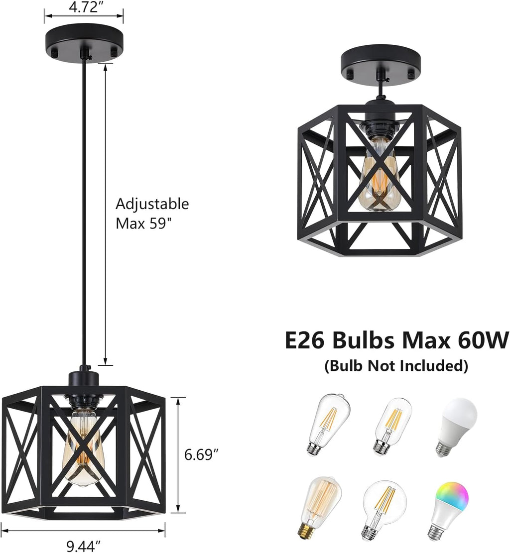 2 Pack Farmhouse Pendant Lights, Modern Black Hanging Light Fixture with Hexagonal Cage, Industrial Metal Ceiling Lights, Adjustable Lantern Pendant Lighting for Kitchen Island Sink Hallway