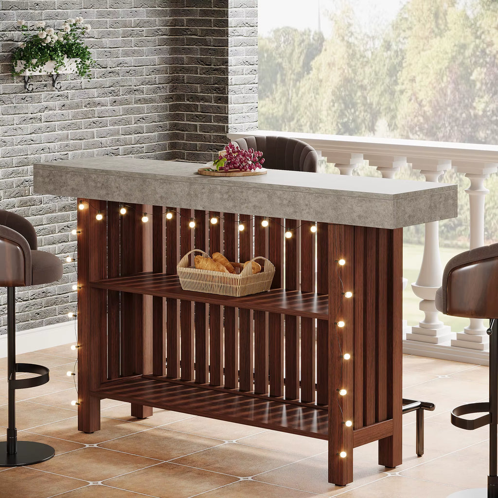 US Local Bar Table with Footrest, 63 Inches Modern Home Bar Unit with 2-Tier Storage, 42" H Counter Height Pub Table For