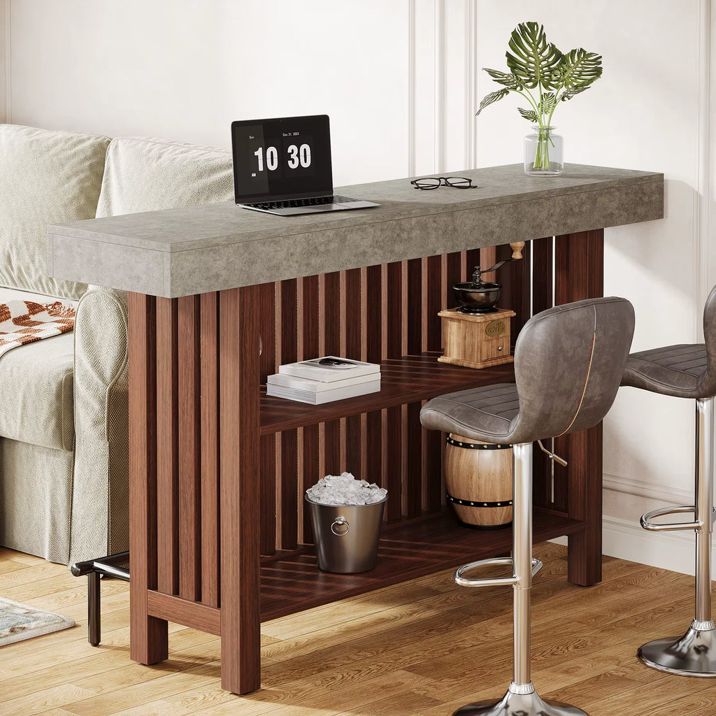 US Local Bar Table with Footrest, 63 Inches Modern Home Bar Unit with 2-Tier Storage, 42" H Counter Height Pub Table For