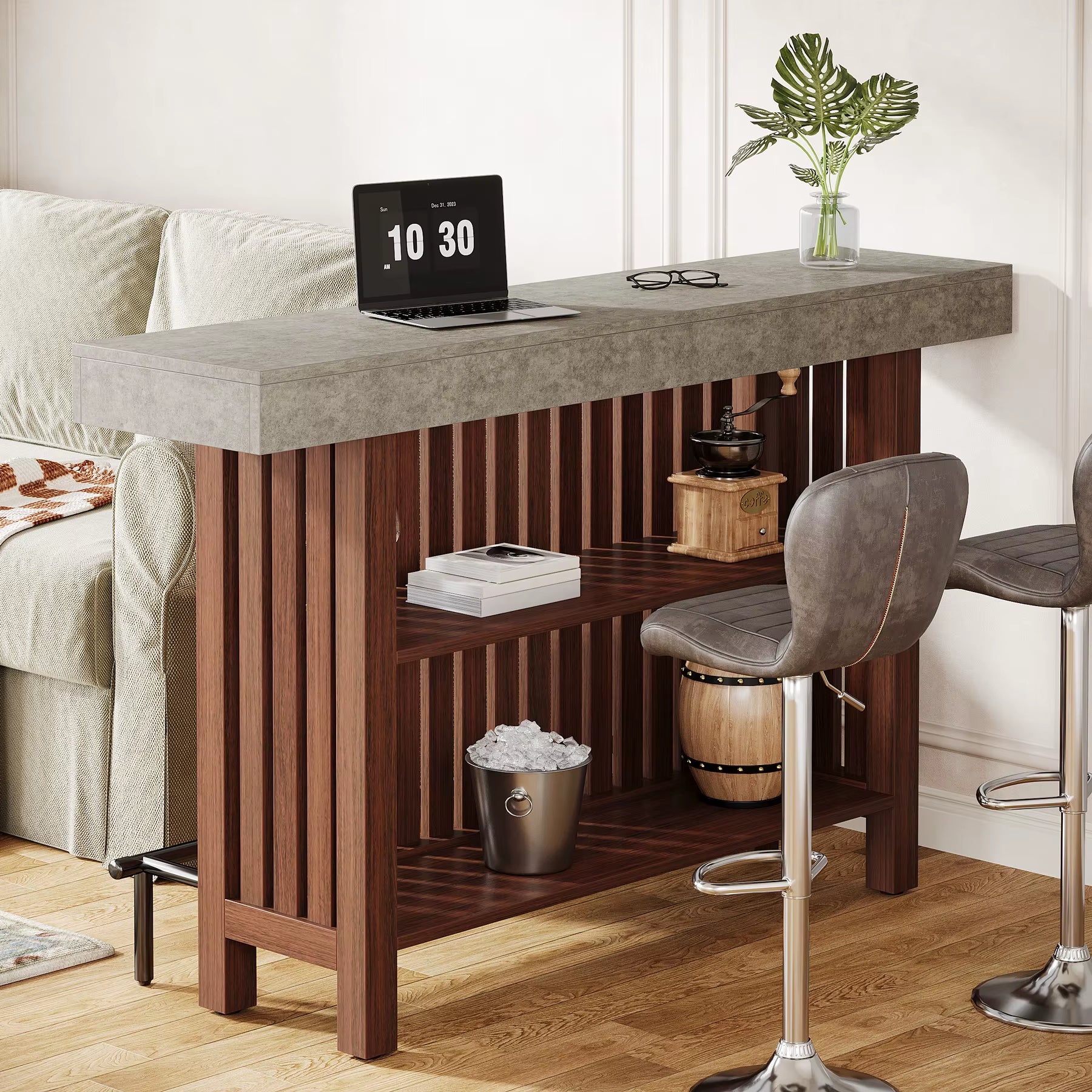 US Local Bar Table with Footrest, 63 Inches Modern Home Bar Unit with 2-Tier Storage, 42" H Counter Height Pub Table For
