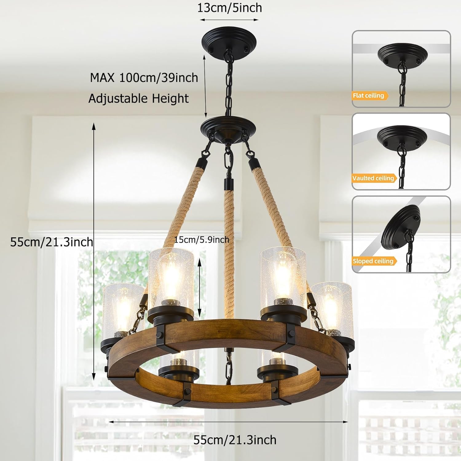 Rustic Wagon Wheel Chandelier 6Light Farmhouse Wood Chandelier with Seeded Glass Shade, Rustic round Wood Pendant Light Fixtures for Dining Room Kitchen Island Foyer Entryway