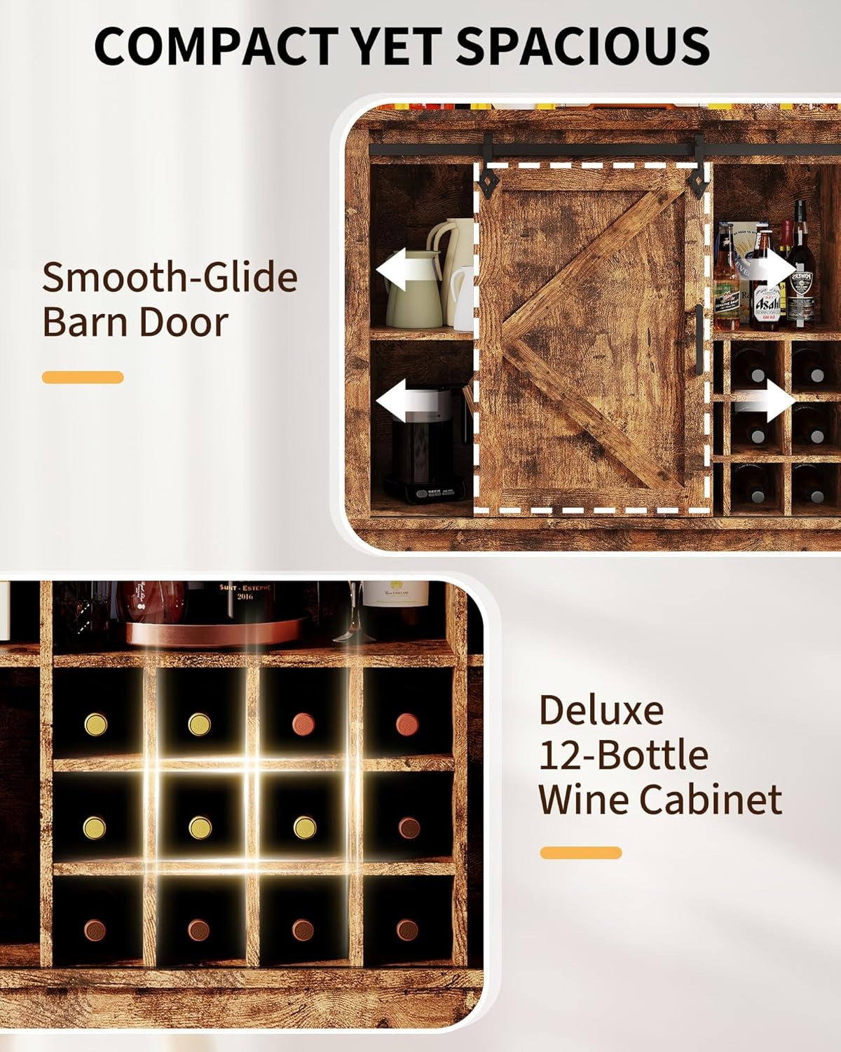 Farmhouse Coffee Bar Cabinet 55" – LED Light, Power Outlet & USB, Sliding Barn Door, 12-Bottle Wine Rack, 2 Drawers, Ample Storage, Buffet Sideboard for Dining Room, Brown