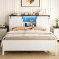 Farmhouse Bed Frame Full Size with LED Lights and Charging Station, Wooden Platform Full Bed with Storage Bookcase Headboard, Full Bed Frame with Sliding Barn Door, No Box Spring Needed