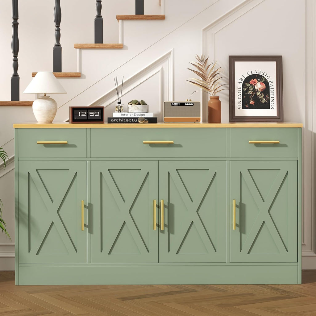 Buffet Cabinet with Storage, Farmhouse Coffee Bar Table with Drawers, 53” Large Modern Sideboard Buffet with Adjustable Shelves, Wood Buffet Table for Kitchen, Dining Room, Green