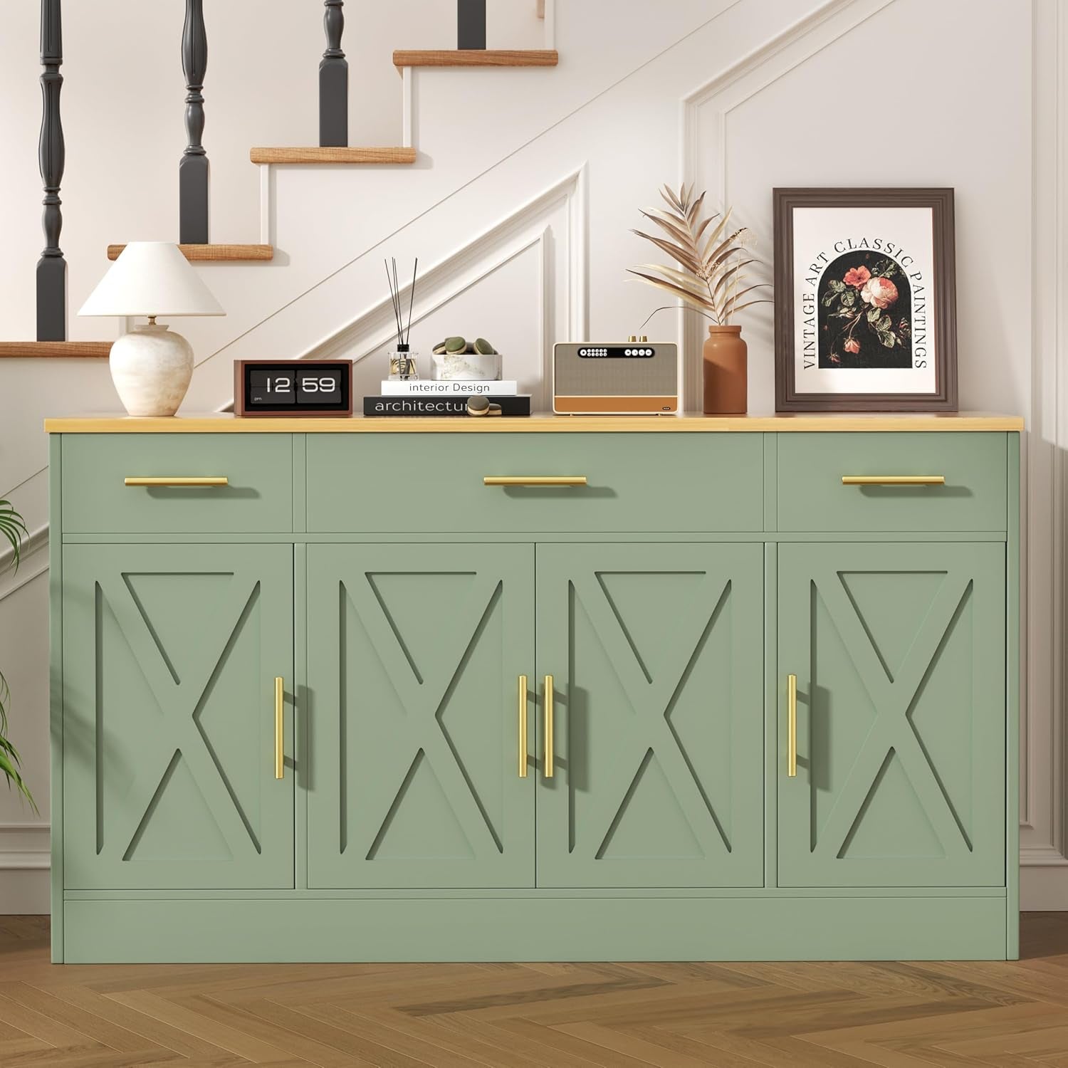 Buffet Cabinet with Storage, Farmhouse Coffee Bar Table with Drawers, 53” Large Modern Sideboard Buffet with Adjustable Shelves, Wood Buffet Table for Kitchen, Dining Room, Green