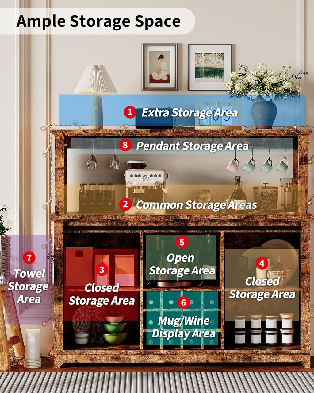 Farmhouse Coffee Bar Cabinet 55" – LED Light, Power Outlet & USB, Sliding Barn Door, 12-Bottle Wine Rack, 2 Drawers, Ample Storage, Buffet Sideboard for Dining Room, Brown