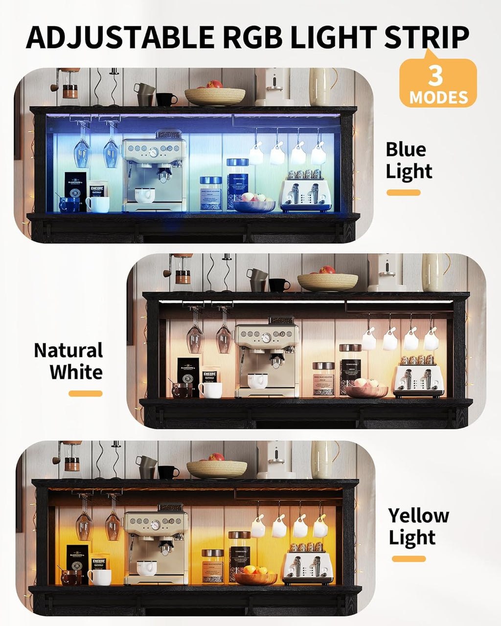 Farmhouse Coffee Bar Cabinet 55" – LED Lighting, Built-In Power Outlet, Sliding Barn Door, Buffet Sideboard with 12-Bottle Wine Rack, Glass Holder, Drawers, Ample Storage, Dining Room, All