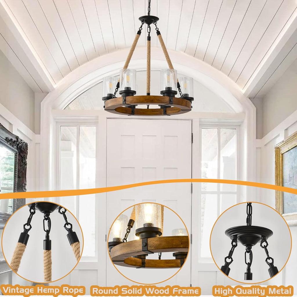 Rustic Wagon Wheel Chandelier 6Light Farmhouse Wood Chandelier with Seeded Glass Shade, Rustic round Wood Pendant Light Fixtures for Dining Room Kitchen Island Foyer Entryway