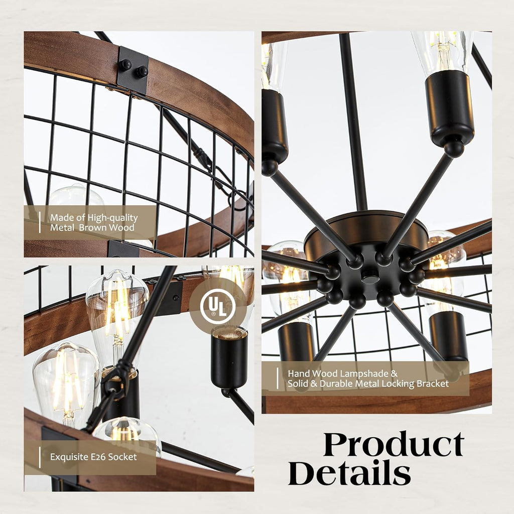 10-Light Farmhouse Drum Wood Pendant Light,32'' Vintage Rustic Brown Oak Wood Chandeliers,Retro Industrial Hanging Light Fixtures for Dining Room Entryway, Bedroom