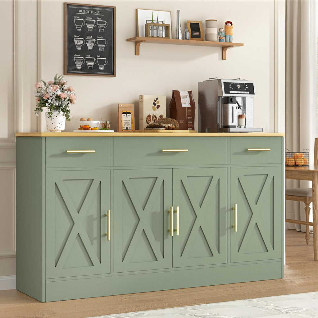 Buffet Cabinet with Storage, Farmhouse Coffee Bar Table with Drawers, 53” Large Modern Sideboard Buffet with Adjustable Shelves, Wood Buffet Table for Kitchen, Dining Room, Green