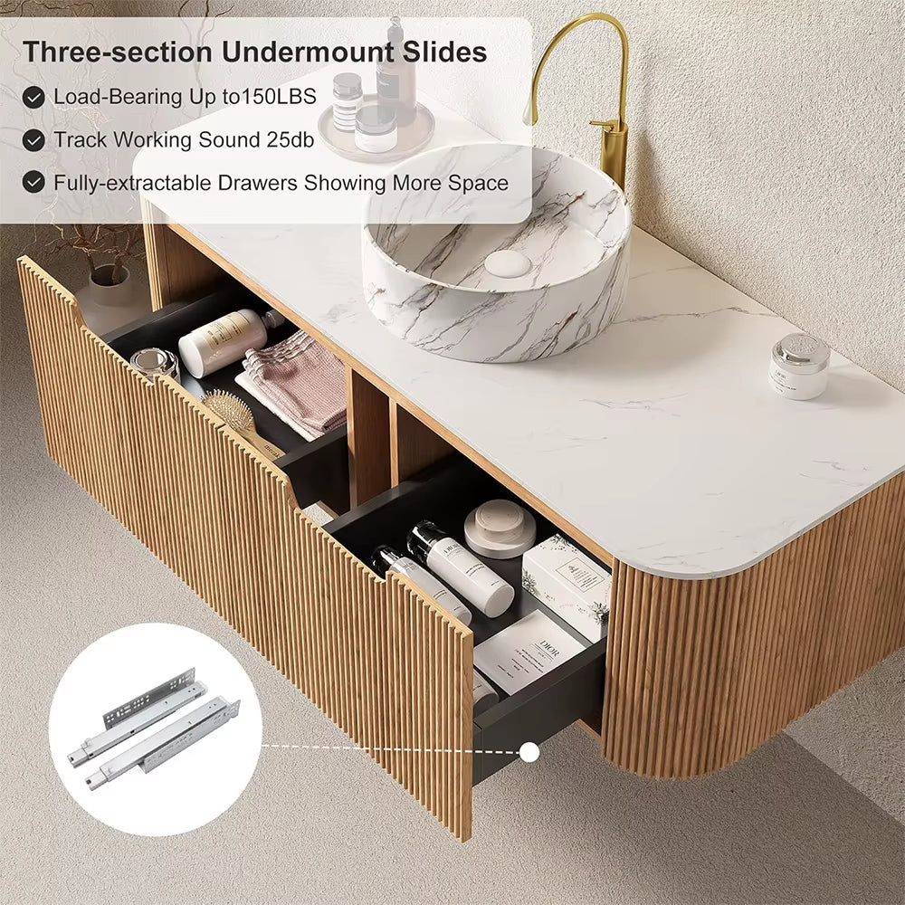 48 Inch Natural Oak Fluted Floating Bathroom Vanity Plywood Sintered Stone Countertop Ceramic Basin US Local Stock Homein