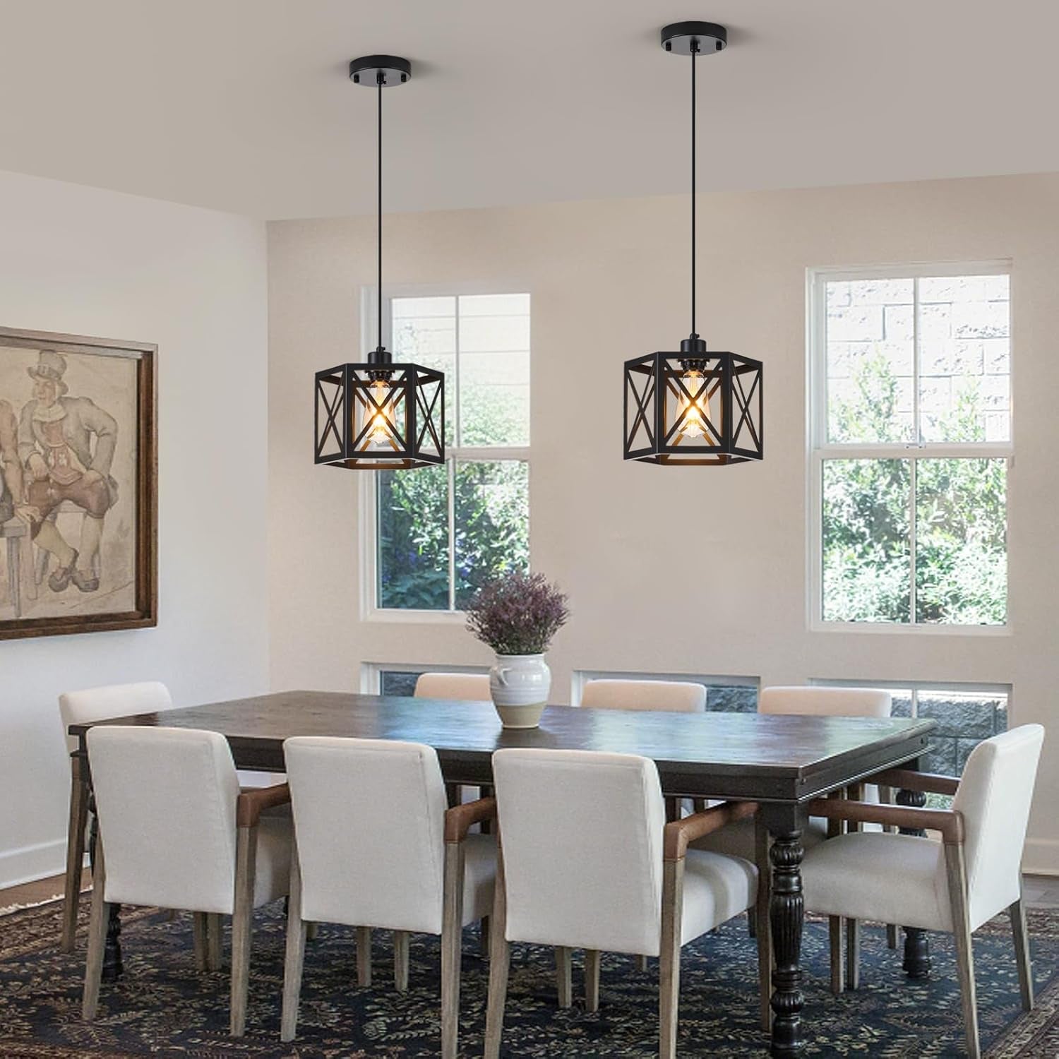 2 Pack Farmhouse Pendant Lights, Modern Black Hanging Light Fixture with Hexagonal Cage, Industrial Metal Ceiling Lights, Adjustable Lantern Pendant Lighting for Kitchen Island Sink Hallway