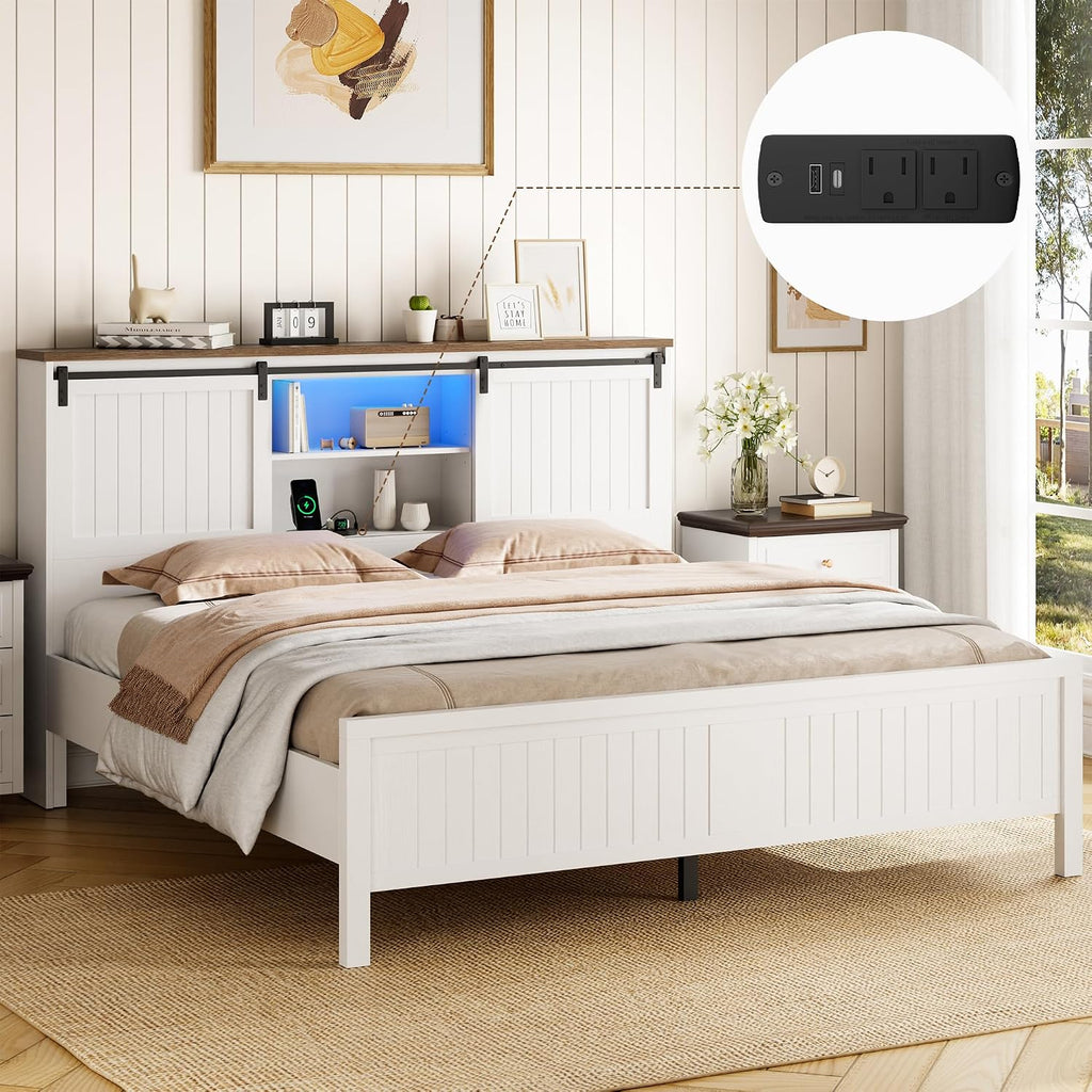 Farmhouse Bed Frame Full Size with LED Lights and Charging Station, Wooden Platform Full Bed with Storage Bookcase Headboard, Full Bed Frame with Sliding Barn Door, No Box Spring Needed