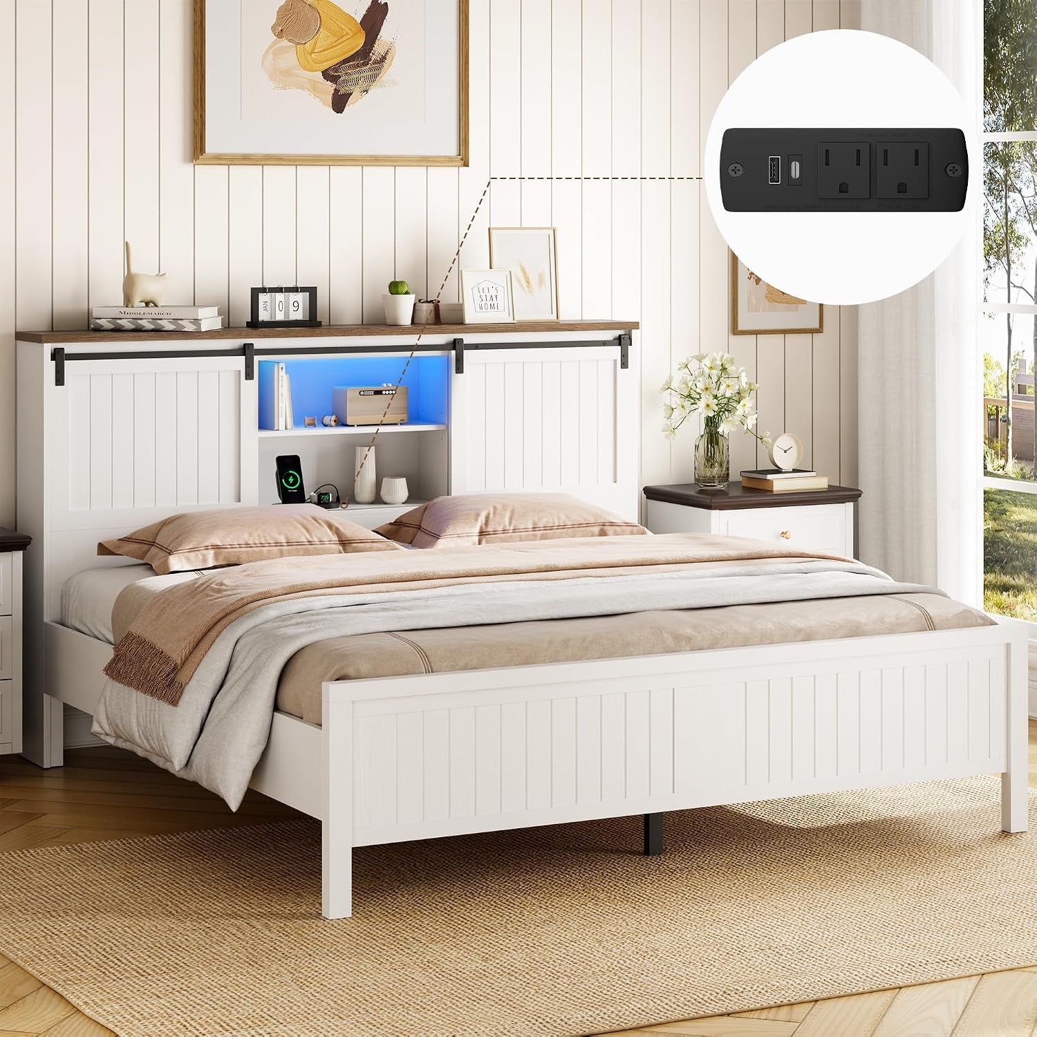 Farmhouse Bed Frame Full Size with LED Lights and Charging Station, Wooden Platform Full Bed with Storage Bookcase Headboard, Full Bed Frame with Sliding Barn Door, No Box Spring Needed