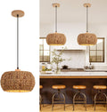 Bohemian Flush Mount Rattan Pendant Light - 10.6 round Handwoven Jute & Wood Ceiling Fixture, Single E26 Bulb Compatible for Bedroom/Kitchen/Farmhouse, Flush Mount Ceiling Ligh