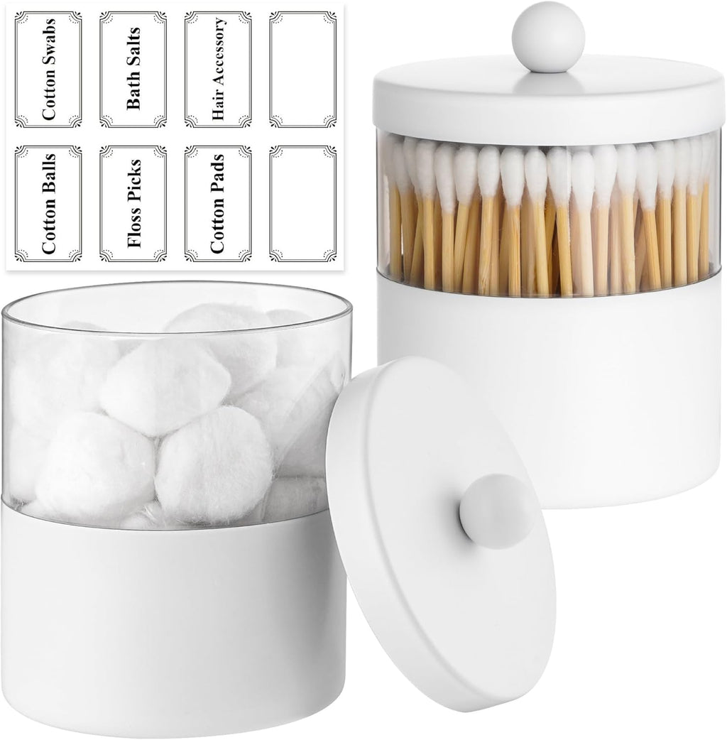 White Apothecary Jars, White Qtip Holder - Stainless Steel Bathroom Jar with Stickers - Farmhouse Decor Qtip Dispenser for Qtips, Cotton Balls, Swabs, Makeup Sponges (2-Pack)