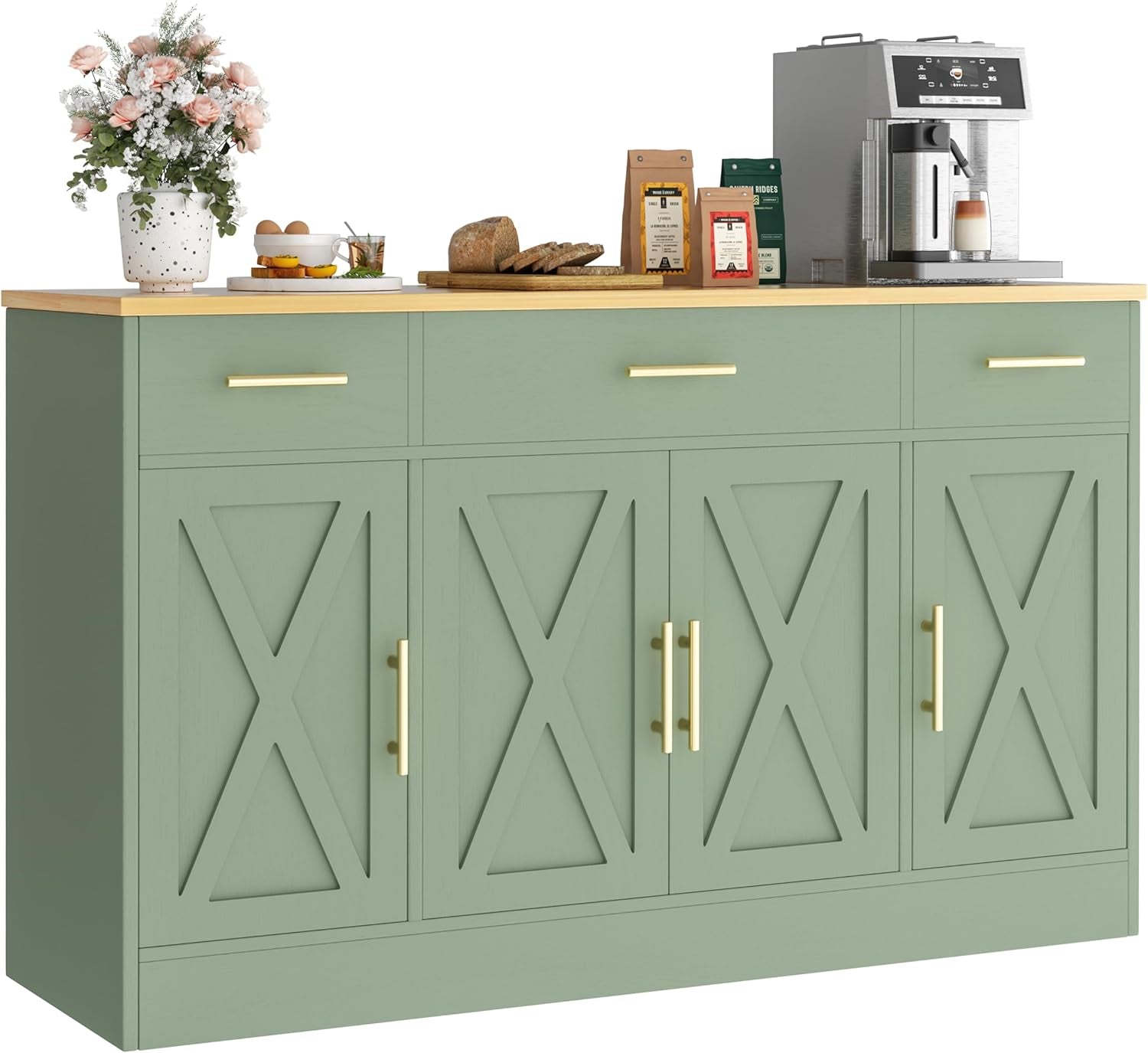 Buffet Cabinet with Storage, Farmhouse Coffee Bar Table with Drawers, 53” Large Modern Sideboard Buffet with Adjustable Shelves, Wood Buffet Table for Kitchen, Dining Room, Green