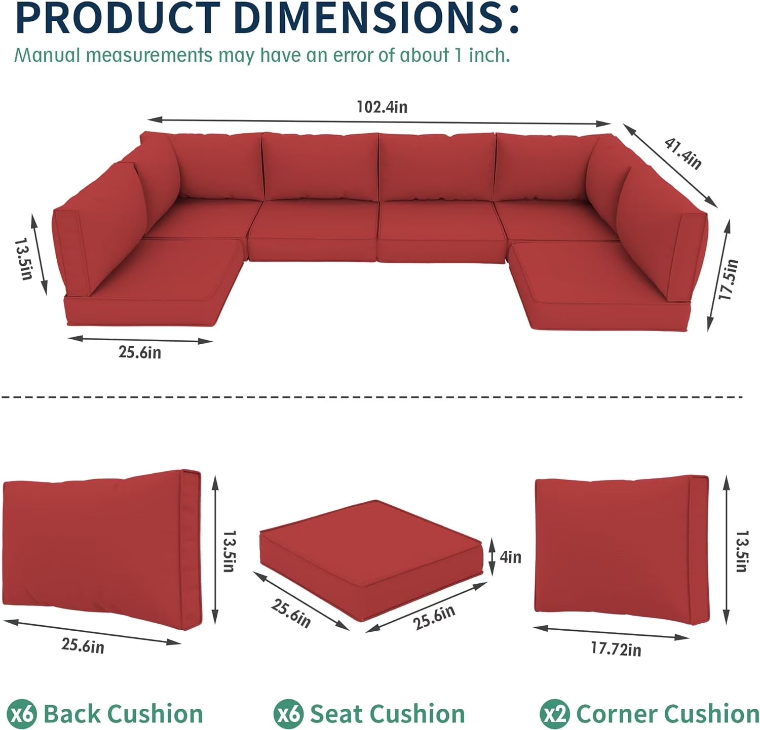 Outdoor Cushions for Patio Furniture Replacement, Patio Furniture Cushions, Deep Seat Patio Cushions, Patio Seat Cushions for Outdoor Sectional (Red)