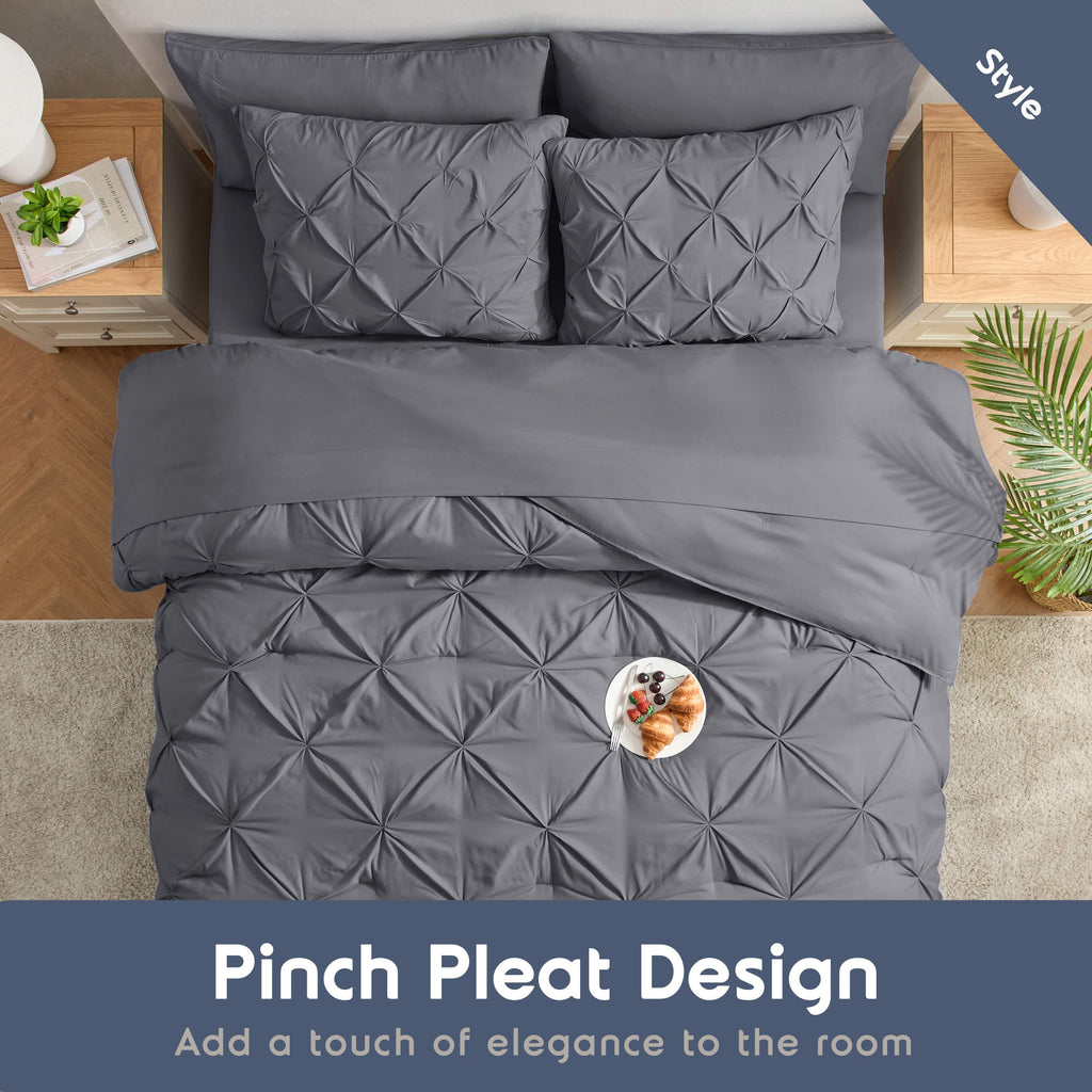 California King Comforter Set, Bed in a Bag 7 Pc Pleated Bedding Set, Dark Grey