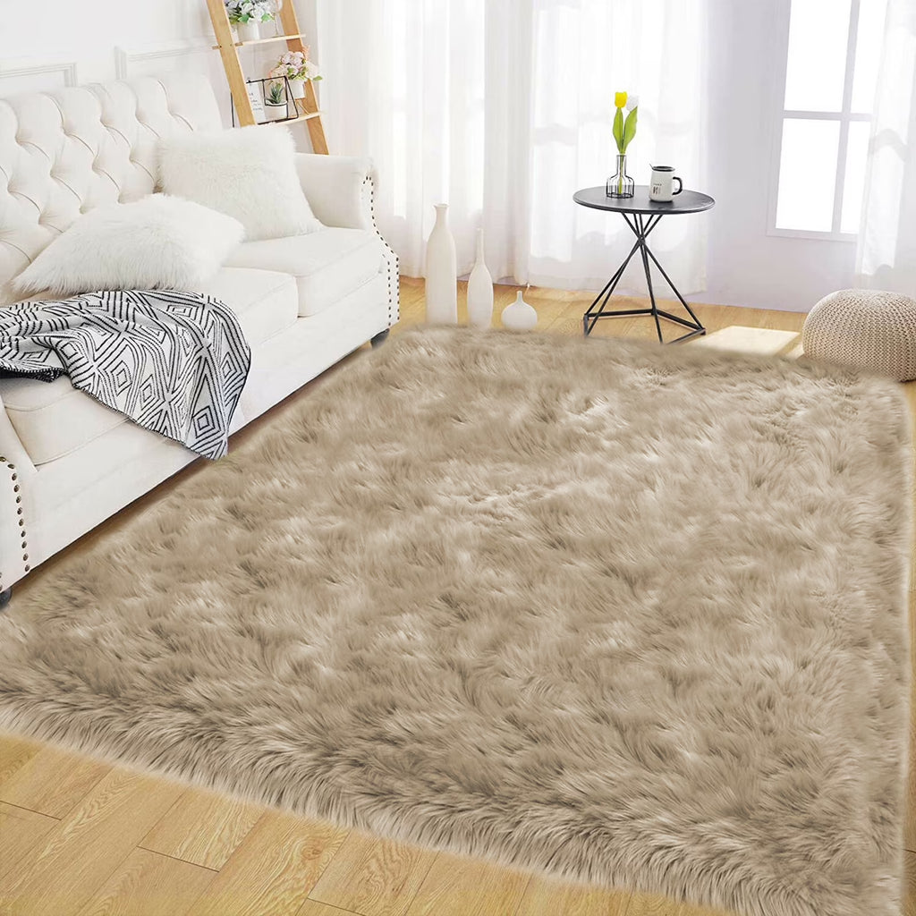 Beige Rug for Living Room Faux Fur Rug 5X7 Fluffy Rug Washable Sheepskin Rug for Bedroom Bedside Dorm Luxury Home Décor, Rectangle