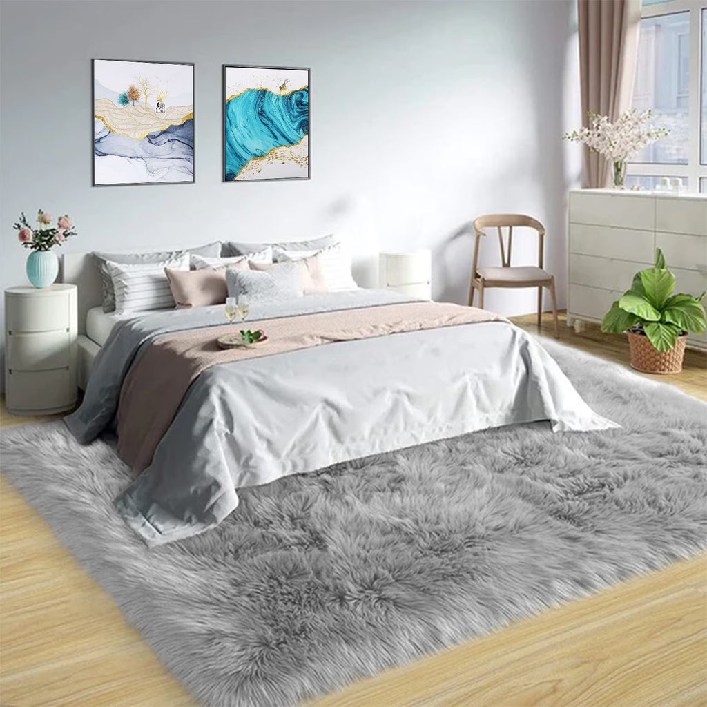 Sheepskin Rug 8X10, Faux Fur Sheepskin Rug for Living Room, Fluffy Washable Rug for Bedroom, Nursery, Teen Bedroom Decor, Grey Shag Rug, Rectangle