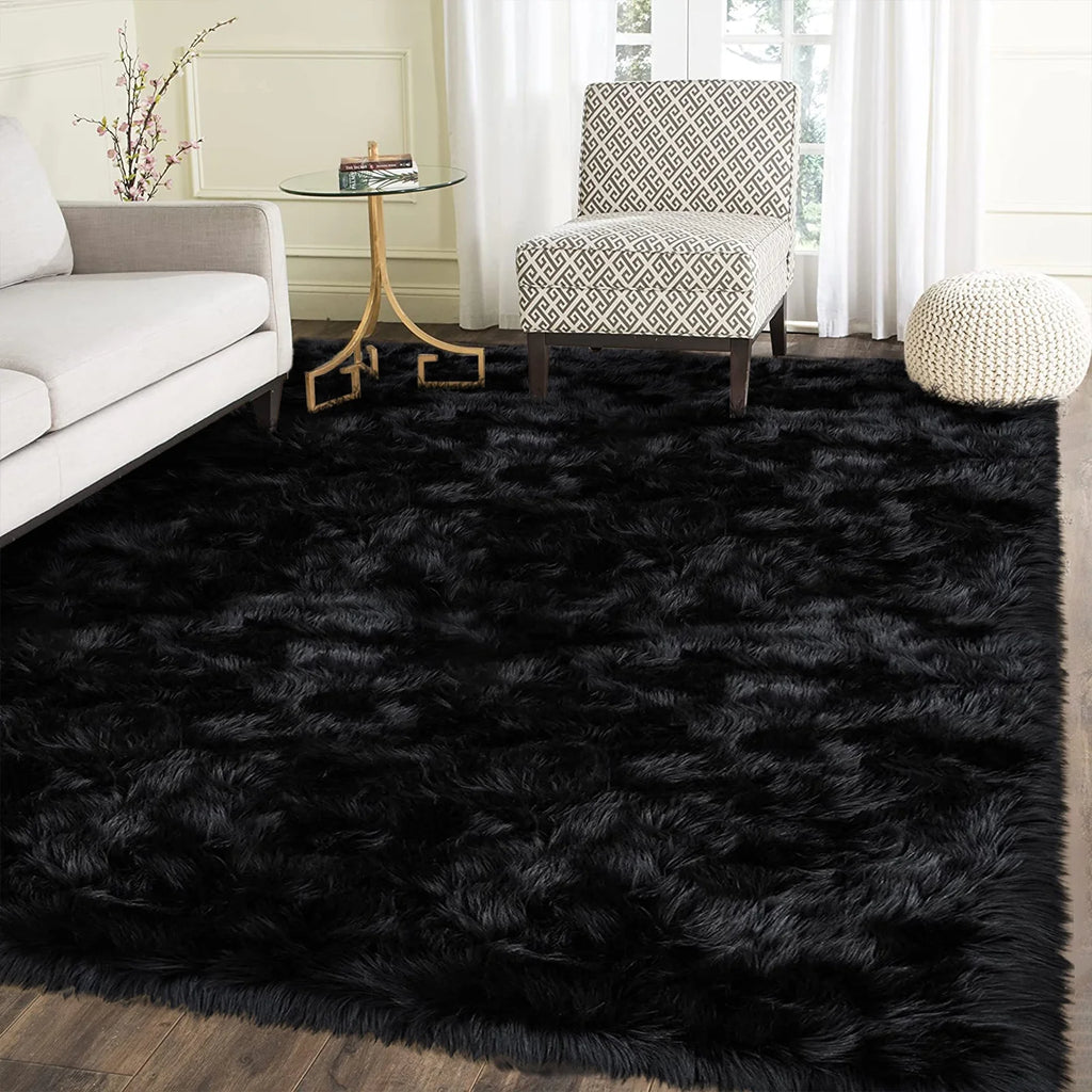 5X8 Sheepskin Rug, Faux Fur Sheepskin Rug for Living Room, Fluffy Washable Rug for Bedroom, Nursery, Luxury Room Decor, Black Fluffy Rug, Rectangle