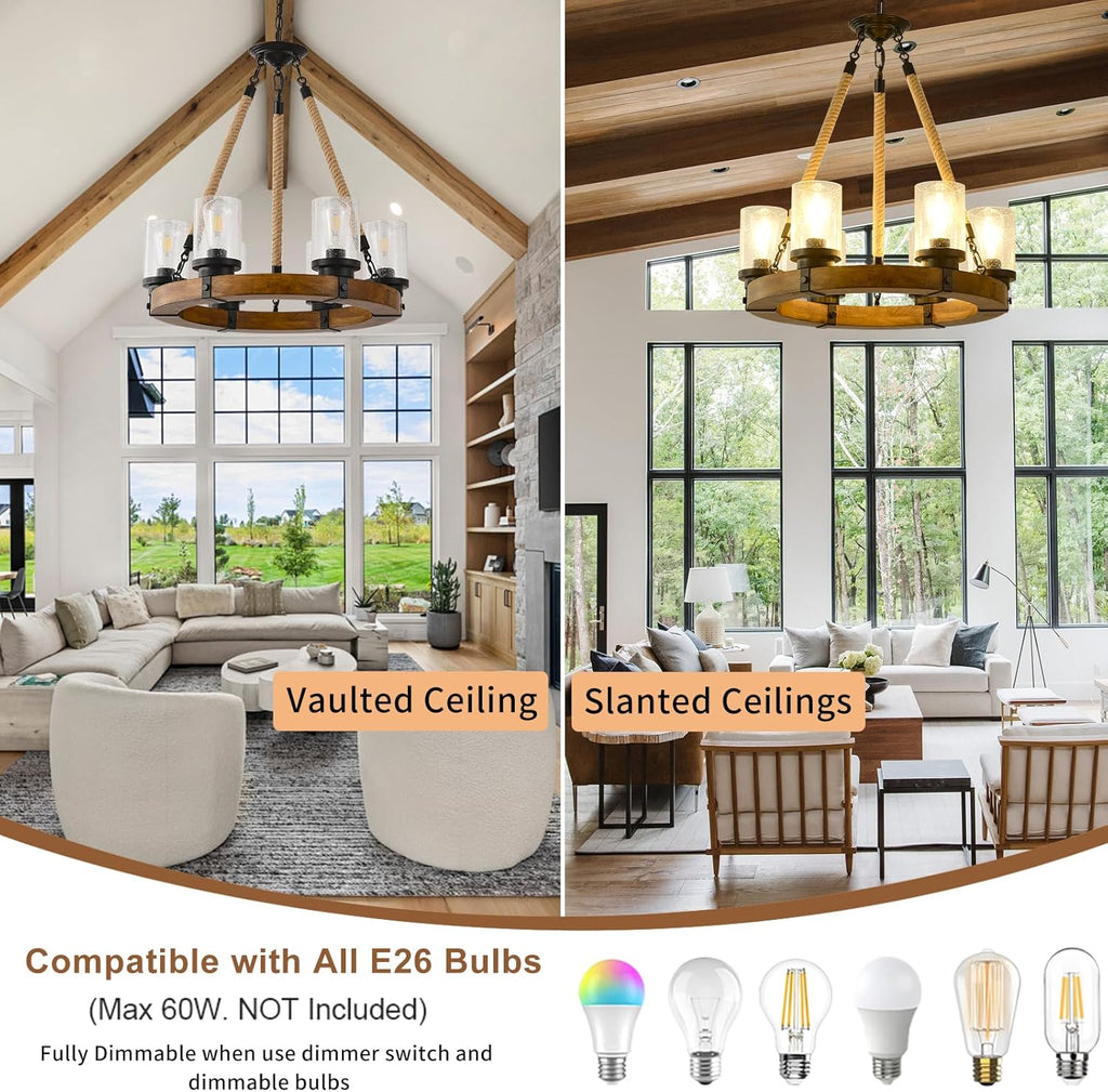Rustic Wagon Wheel Chandelier 6Light Farmhouse Wood Chandelier with Seeded Glass Shade, Rustic round Wood Pendant Light Fixtures for Dining Room Kitchen Island Foyer Entryway