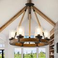 Rustic Wagon Wheel Chandelier 6Light Farmhouse Wood Chandelier with Seeded Glass Shade, Rustic round Wood Pendant Light Fixtures for Dining Room Kitchen Island Foyer Entryway
