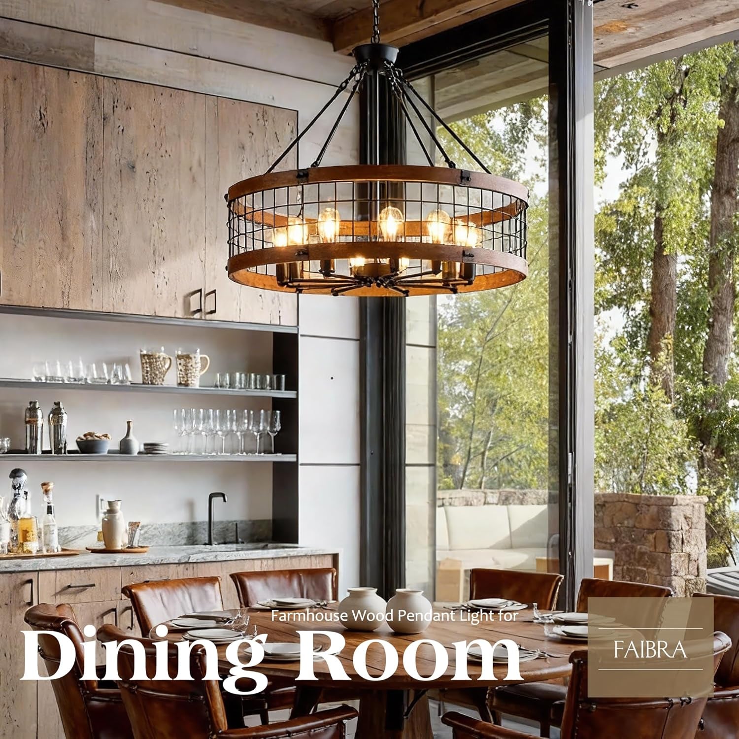 10-Light Farmhouse Drum Wood Pendant Light,32'' Vintage Rustic Brown Oak Wood Chandeliers,Retro Industrial Hanging Light Fixtures for Dining Room Entryway, Bedroom