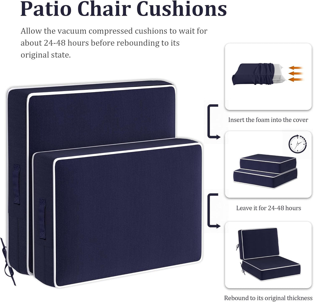5" Thicker Outdoor Chair Cushions 2 Sets 24" *24" Waterproof Patio Chair Cushions for Outdoor Furniture W/Removable Cover 30D High Density Sponge Filling Thicken Patio Furniture Cushion W/Handle &Ties