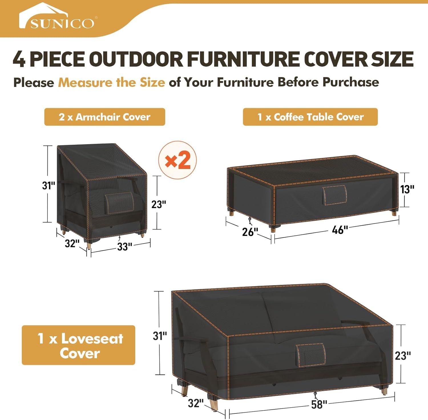 Patio Furniture Set Covers, 4 Piece Patio Covers for Outdoor Furniture Waterproof, 420D Outdoor Furniture Cover, UV Fade Protection, Tear-Resistant, Black