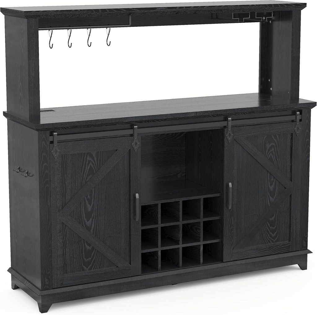 Farmhouse Coffee Bar Cabinet 55" – LED Lighting, Built-In Power Outlet, Sliding Barn Door, Buffet Sideboard with 12-Bottle Wine Rack, Glass Holder, Drawers, Ample Storage, Dining Room, All