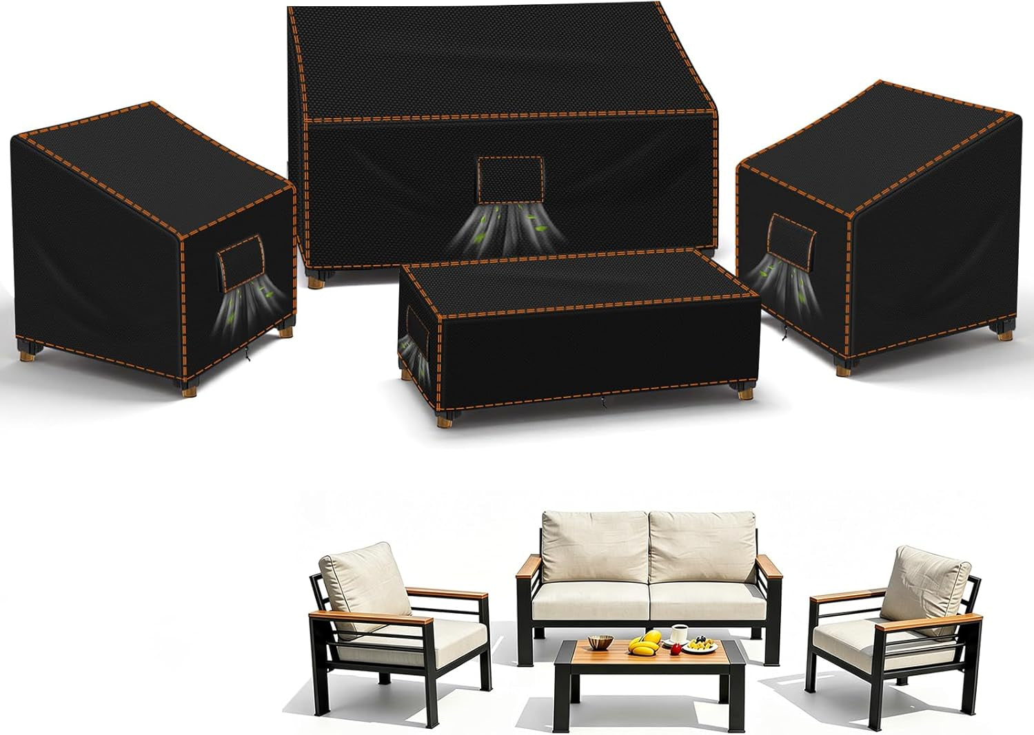 Patio Furniture Set Covers, 4 Piece Patio Covers for Outdoor Furniture Waterproof, 420D Outdoor Furniture Cover, UV Fade Protection, Tear-Resistant, Black