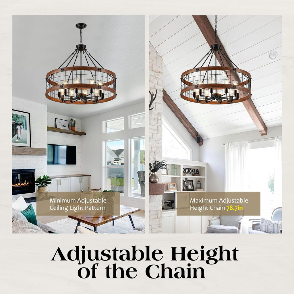 10-Light Farmhouse Drum Wood Pendant Light,32'' Vintage Rustic Brown Oak Wood Chandeliers,Retro Industrial Hanging Light Fixtures for Dining Room Entryway, Bedroom