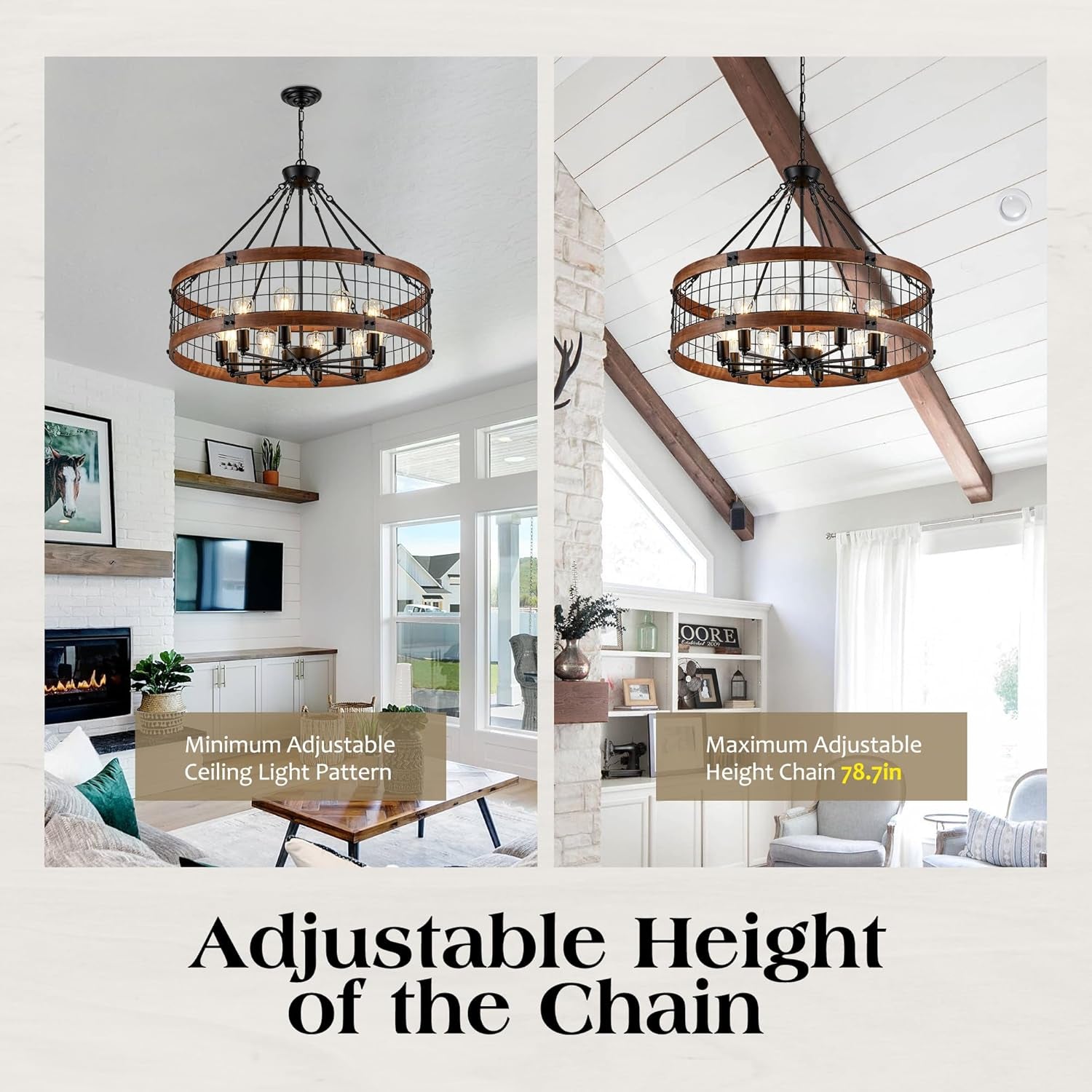 10-Light Farmhouse Drum Wood Pendant Light,32'' Vintage Rustic Brown Oak Wood Chandeliers,Retro Industrial Hanging Light Fixtures for Dining Room Entryway, Bedroom