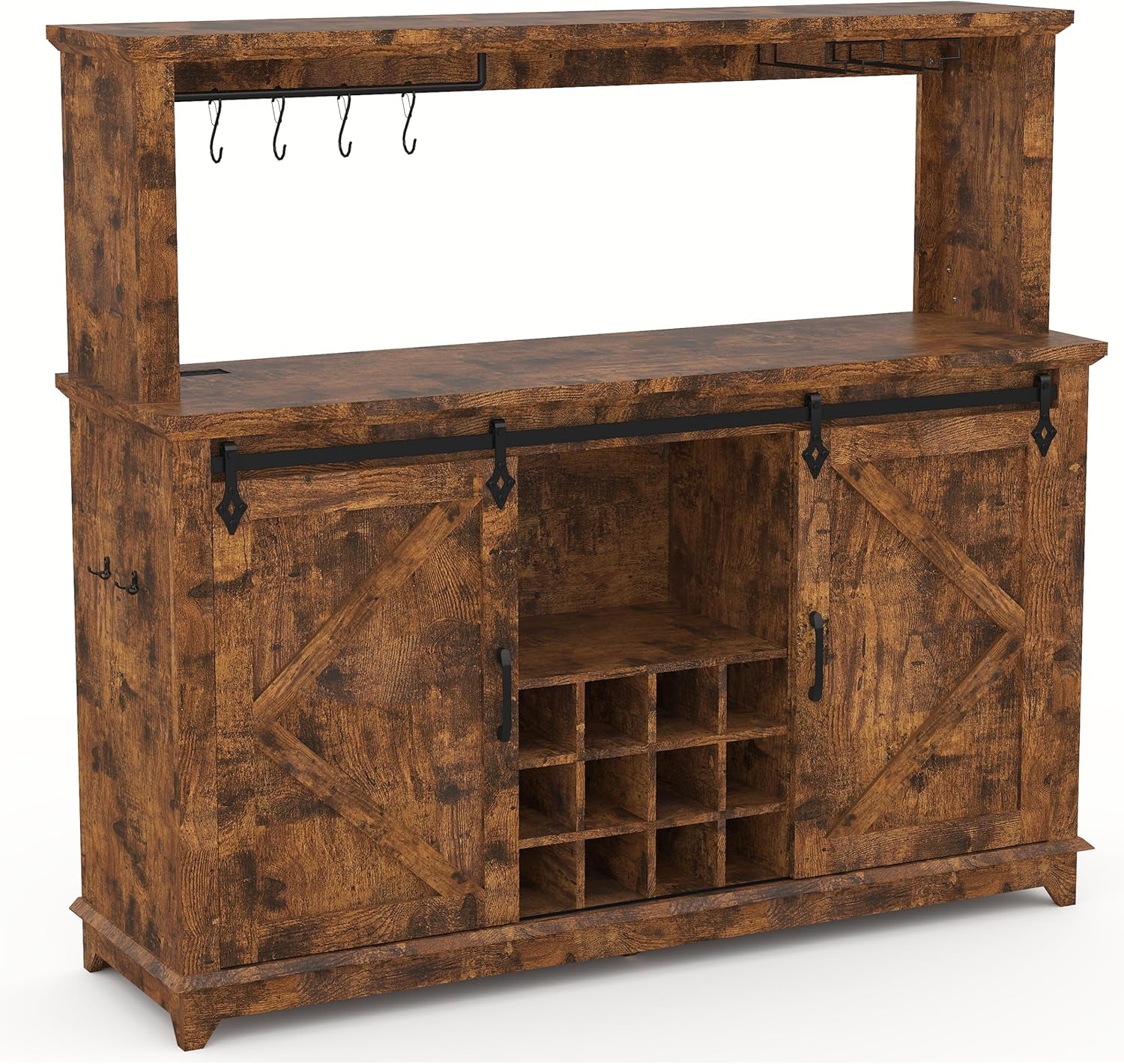 Farmhouse Coffee Bar Cabinet 55" – LED Light, Power Outlet & USB, Sliding Barn Door, 12-Bottle Wine Rack, 2 Drawers, Ample Storage, Buffet Sideboard for Dining Room, Brown