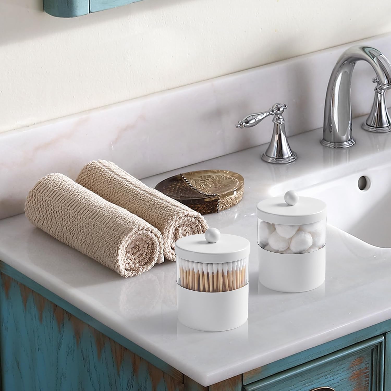 White Apothecary Jars, White Qtip Holder - Stainless Steel Bathroom Jar with Stickers - Farmhouse Decor Qtip Dispenser for Qtips, Cotton Balls, Swabs, Makeup Sponges (2-Pack)