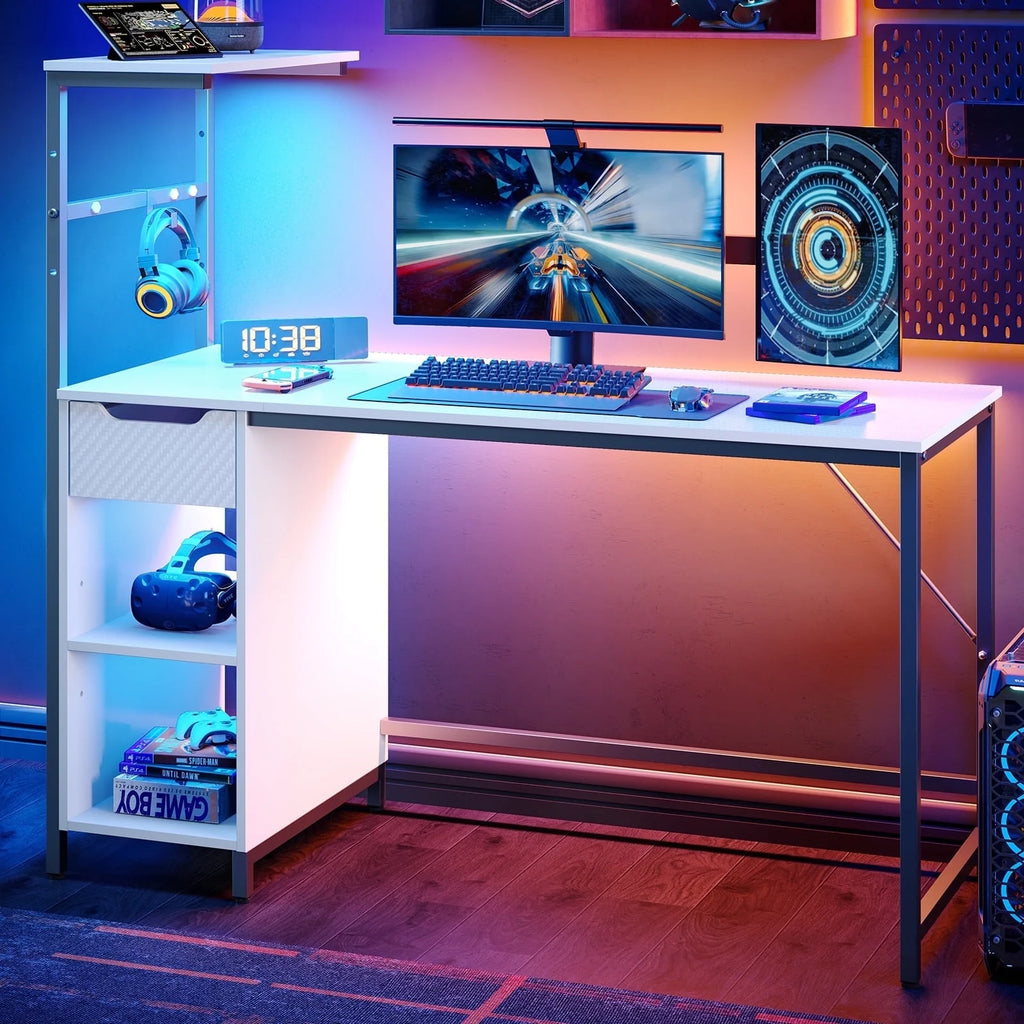 48 Inch LED Computer Gaming Desk with Drawer, Home Office PC Table with Storage Shelf in White