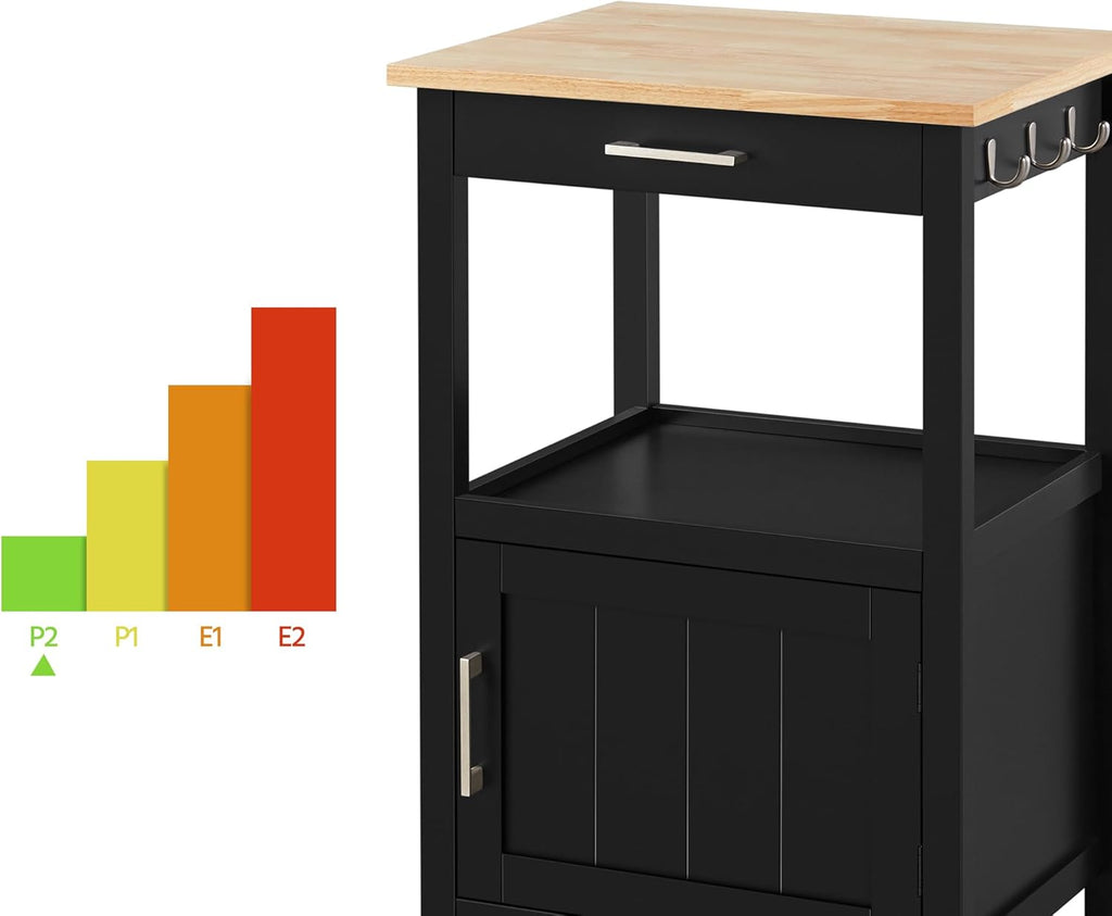 Yaheetech Kitchen Island Cart with Storage, Rolling Kitchen Island on Wheels with 6 Side Hooks, Wood Top Microwave Cart with Drawer for Dining Room, Black