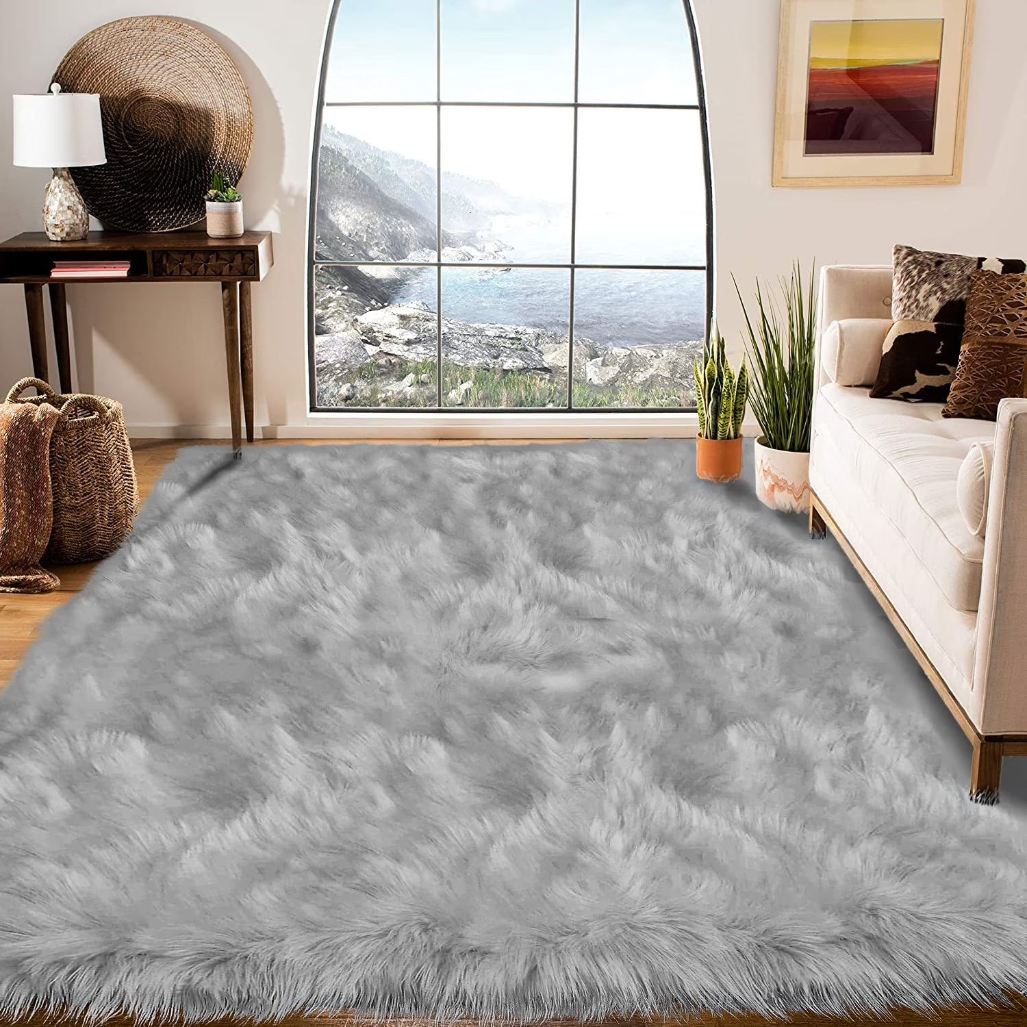 Sheepskin Rug 8X10, Faux Fur Sheepskin Rug for Living Room, Fluffy Washable Rug for Bedroom, Nursery, Teen Bedroom Decor, Grey Shag Rug, Rectangle