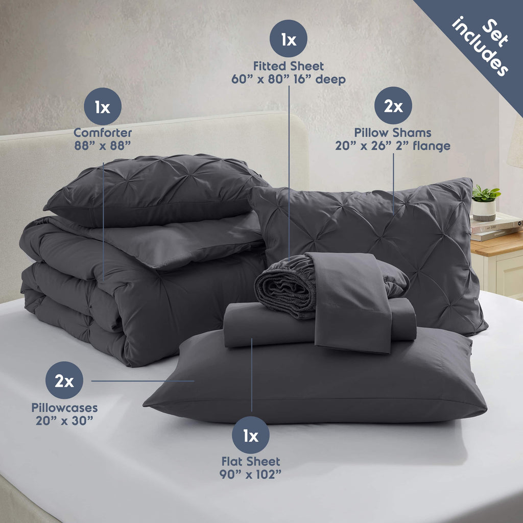 California King Comforter Set, Bed in a Bag 7 Pc Pleated Bedding Set, Dark Grey