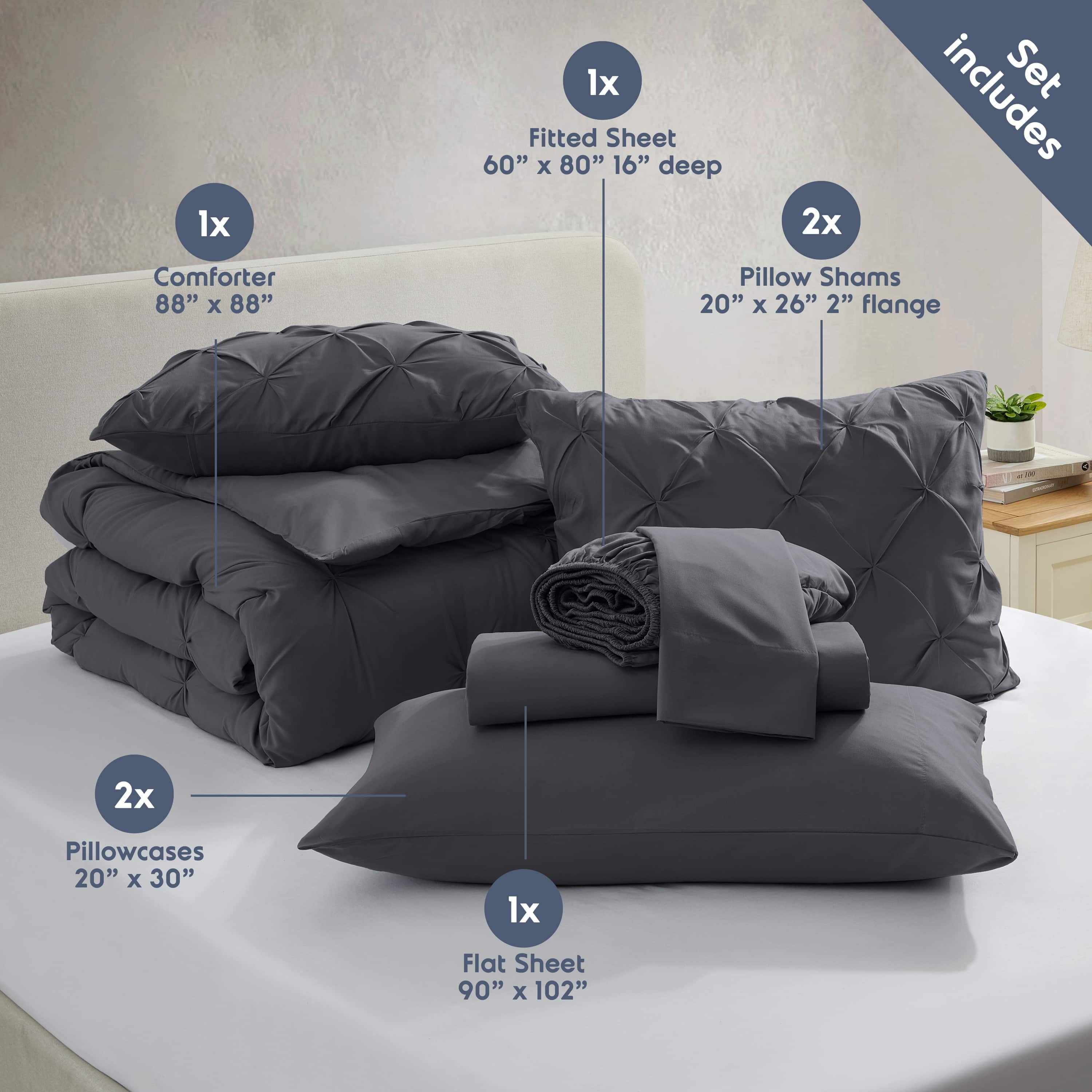 California King Comforter Set, Bed in a Bag 7 Pc Pleated Bedding Set, Dark Grey