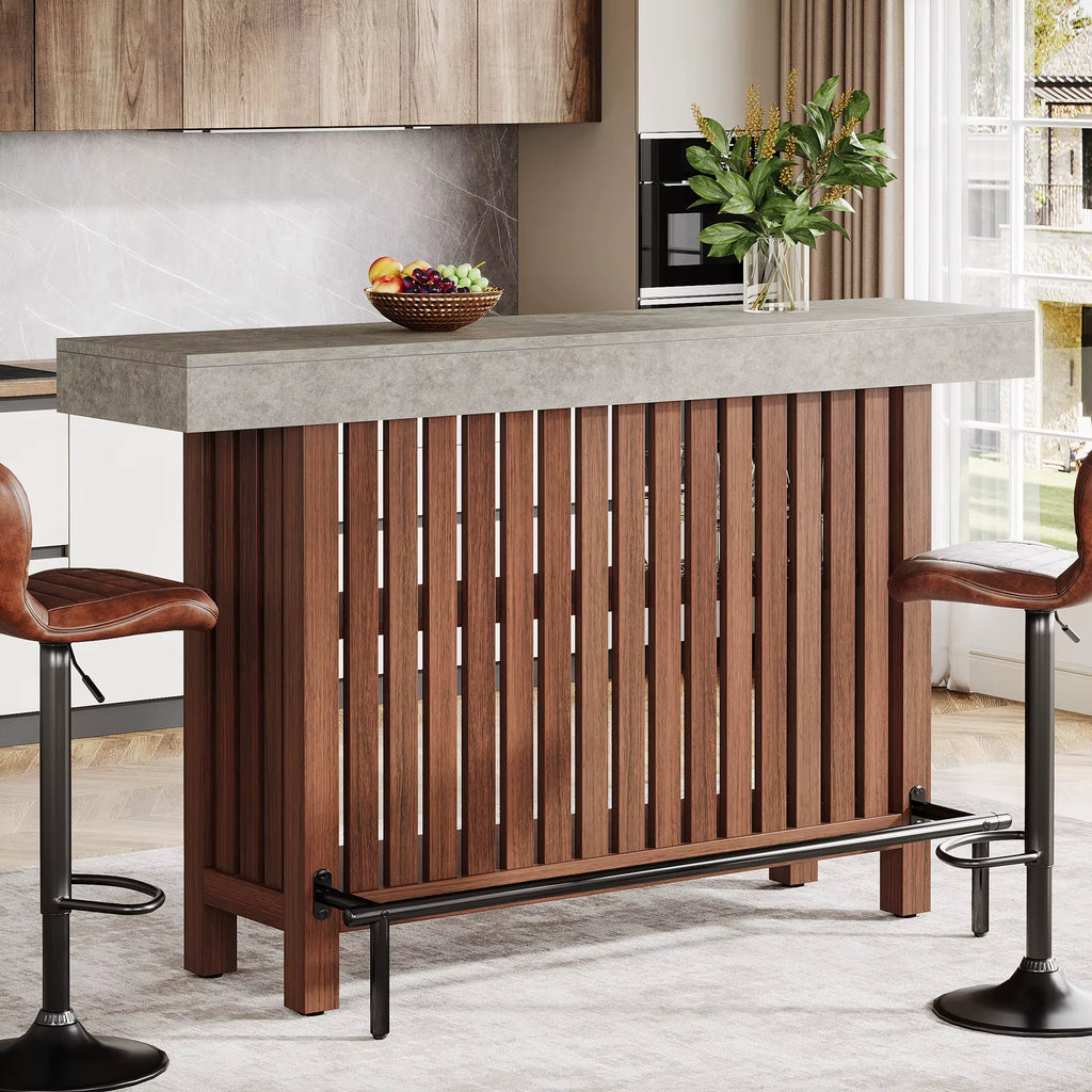 US Local Bar Table with Footrest, 63 Inches Modern Home Bar Unit with 2-Tier Storage, 42" H Counter Height Pub Table For