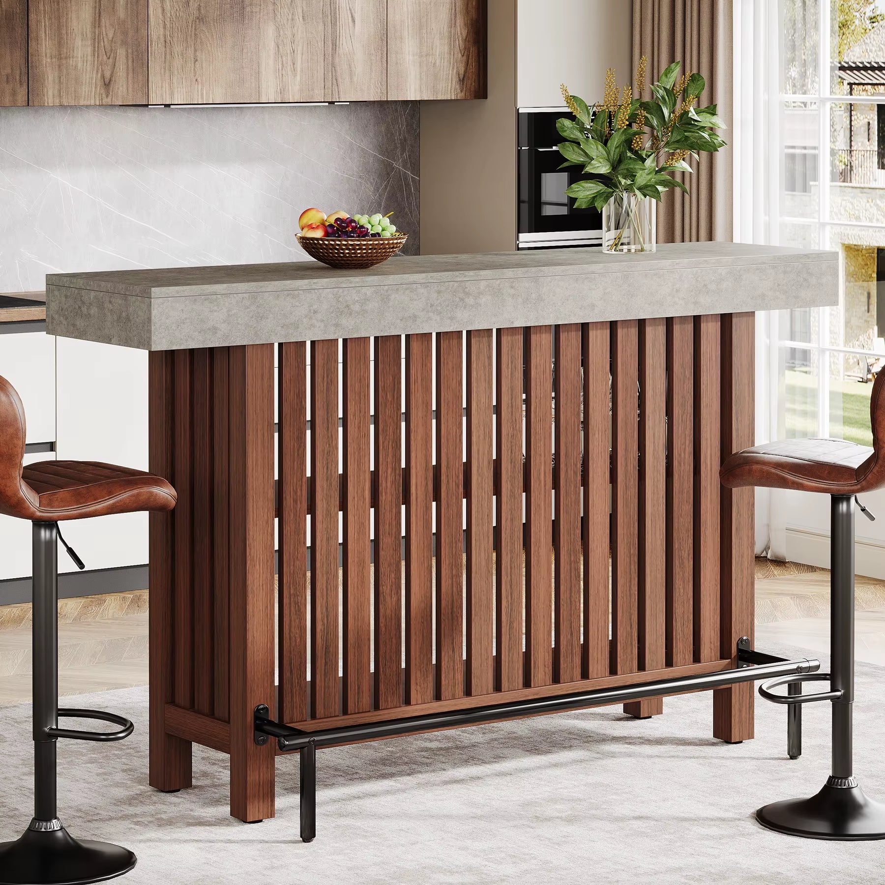 US Local Bar Table with Footrest, 63 Inches Modern Home Bar Unit with 2-Tier Storage, 42" H Counter Height Pub Table For