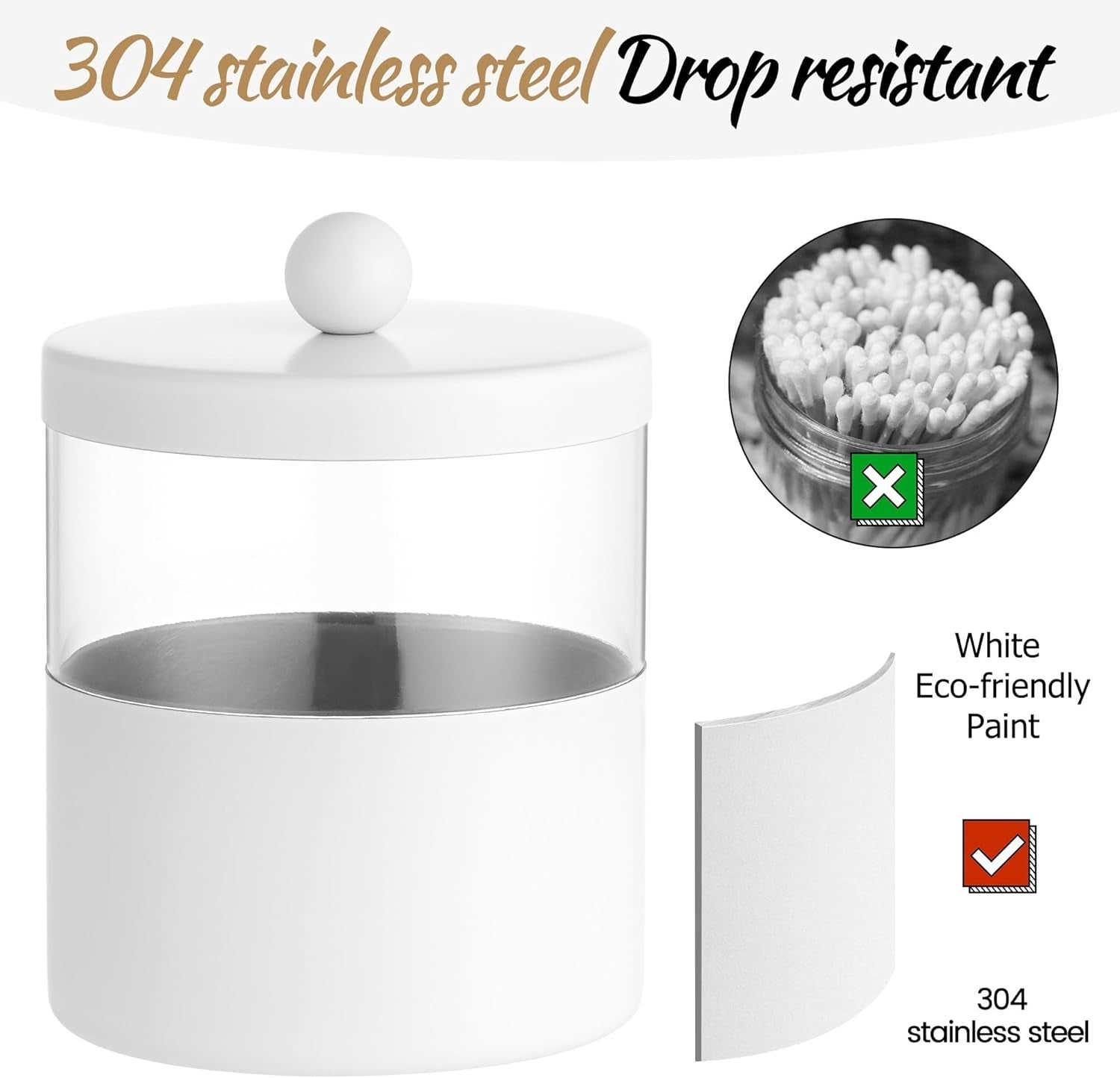 White Apothecary Jars, White Qtip Holder - Stainless Steel Bathroom Jar with Stickers - Farmhouse Decor Qtip Dispenser for Qtips, Cotton Balls, Swabs, Makeup Sponges (2-Pack)