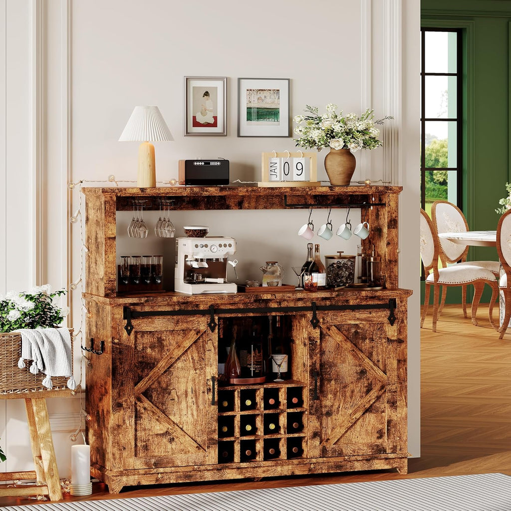 Farmhouse Coffee Bar Cabinet 55" – LED Light, Power Outlet & USB, Sliding Barn Door, 12-Bottle Wine Rack, 2 Drawers, Ample Storage, Buffet Sideboard for Dining Room, Brown
