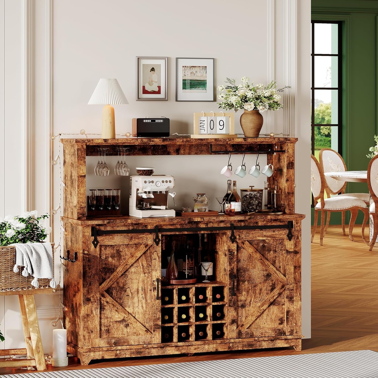 Farmhouse Coffee Bar Cabinet 55" – LED Light, Power Outlet & USB, Sliding Barn Door, 12-Bottle Wine Rack, 2 Drawers, Ample Storage, Buffet Sideboard for Dining Room, Brown